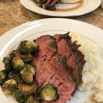 Prime Rib Toast, Mashed Potatoes and Roasted Brussels