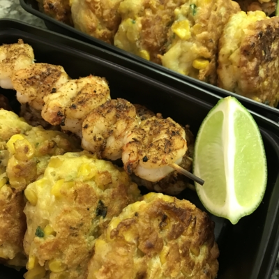 Grilled Shrimp and Mexican Street Corn Fritters